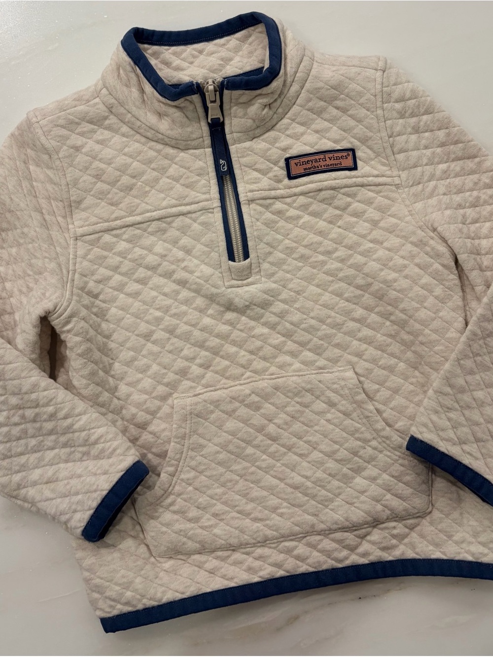 Vineyard Vines Kids Quilted Pullover - Cream with Navy Trim
